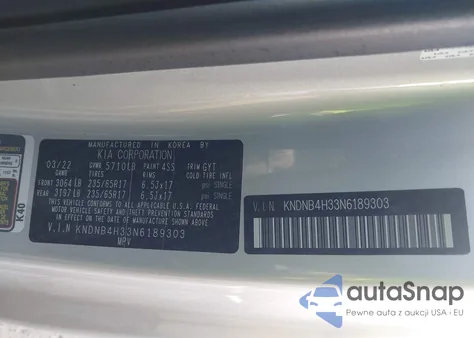 2022 Kia Carnival Mpv Lx z USA, uszkodzony, nr VIN KNDNB4H33N6189303